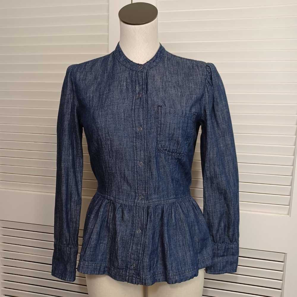 Lucky Brand Top Blue Chambray Denim Snap Front Peplum Top Womens size 4